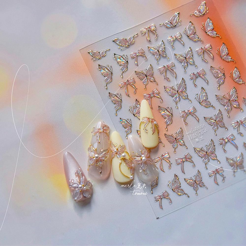 Butterfly Nail Stickers 5D Embossed – Premium Salon-Quality Nail Charm Accessories, Easy Application & Self-Adhesive Pink Butterflies Decal for DIY Manicure, Nail Art, Press on, Home or Salon Use