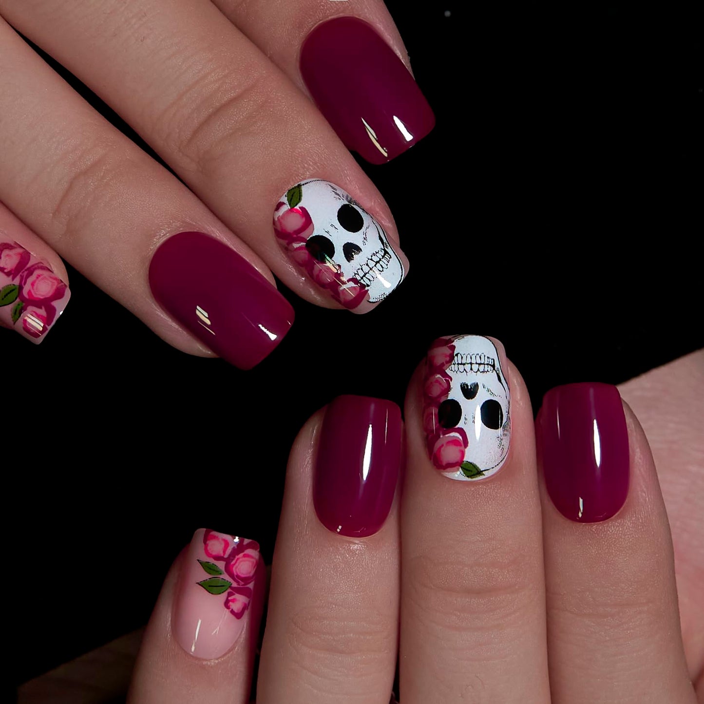 Curvlife Press on Nails Acrylic Fake Nails with Short Square Red skull Design Full Cover False Nails Reusable Nail Kit with Nail Glue Adhesive Tabs Glue on Nails