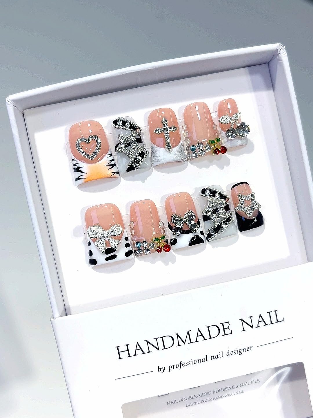 Handmade Press On Nails Set, Pink Cow Print Design with Rhinestone Heart Cross Cherry Decorations, Stiletto Shape False Nails, 10 Pieces (L260, Long)