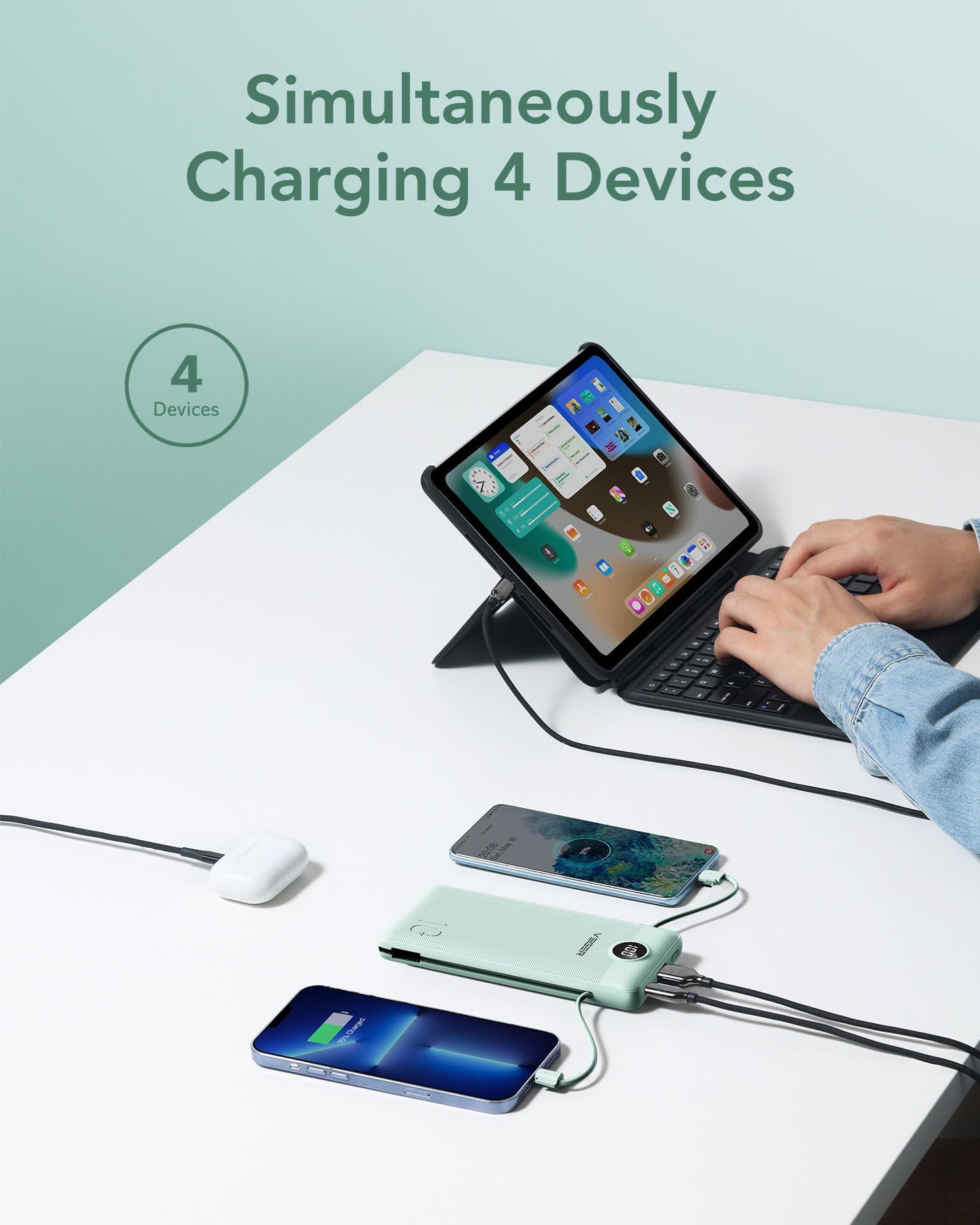 VEGER Portable Charger with Built-in AC Plug and Cables, All in One 10000mAh Ultra Slim Power Bank Travel Essentials, Fast Charging Battery Pack Compatible with iPhone, Samsung, Android (Green)