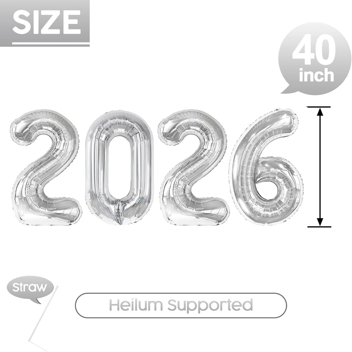 2026 Balloon - Silver Birthday Number Balloons, 40 Inch Large Foil Balloons for Men Women Boys Girls Silver Themed Birthday Decorations，Number 2026 Balloon