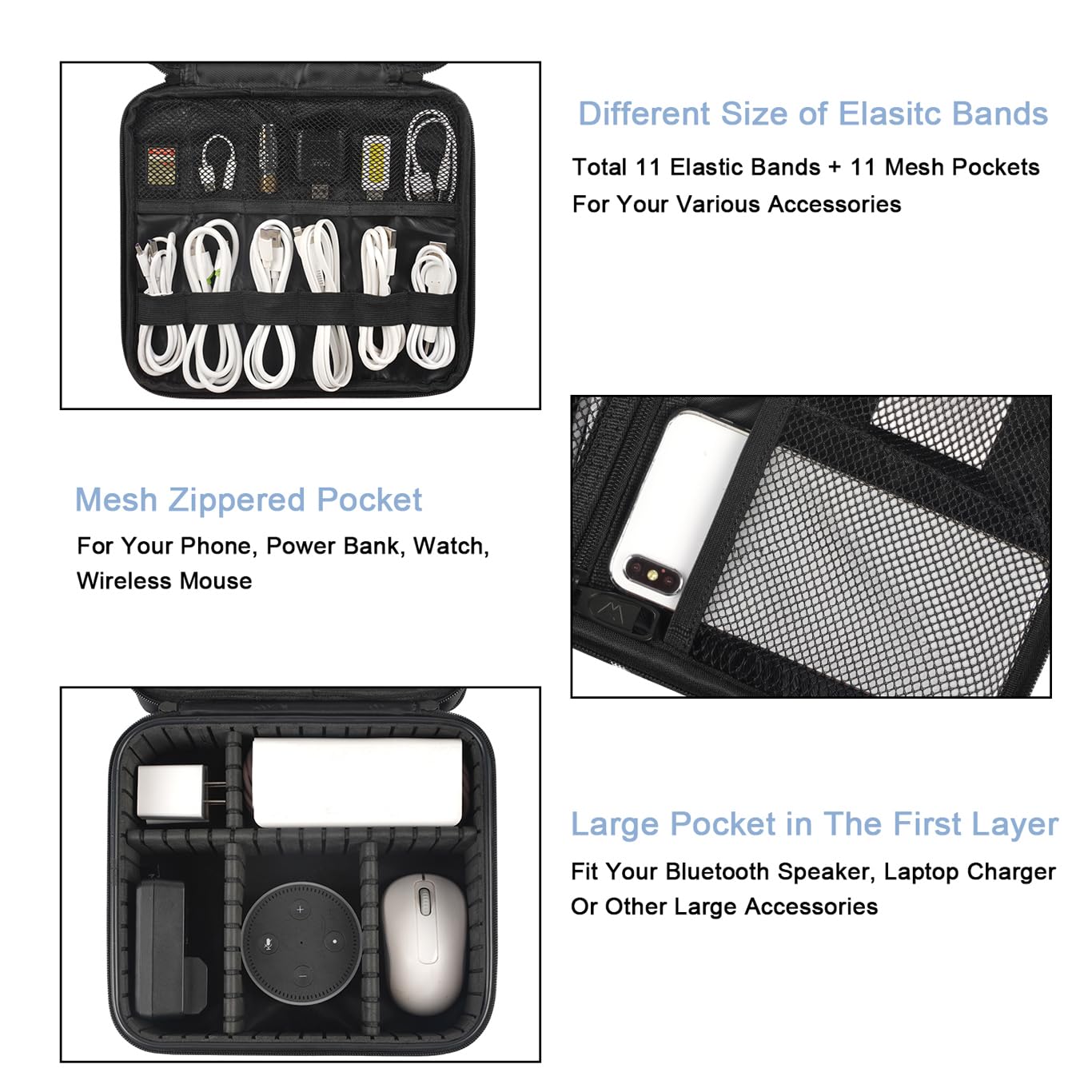 MATEIN Cable Organizer Bag, Waterproof Travel Electronic Storage, Shockproof Portable Double Layer Tech Bags Carrying Case for Cord, Earbuds, Charger, SD Card, DJ Gifts, Black