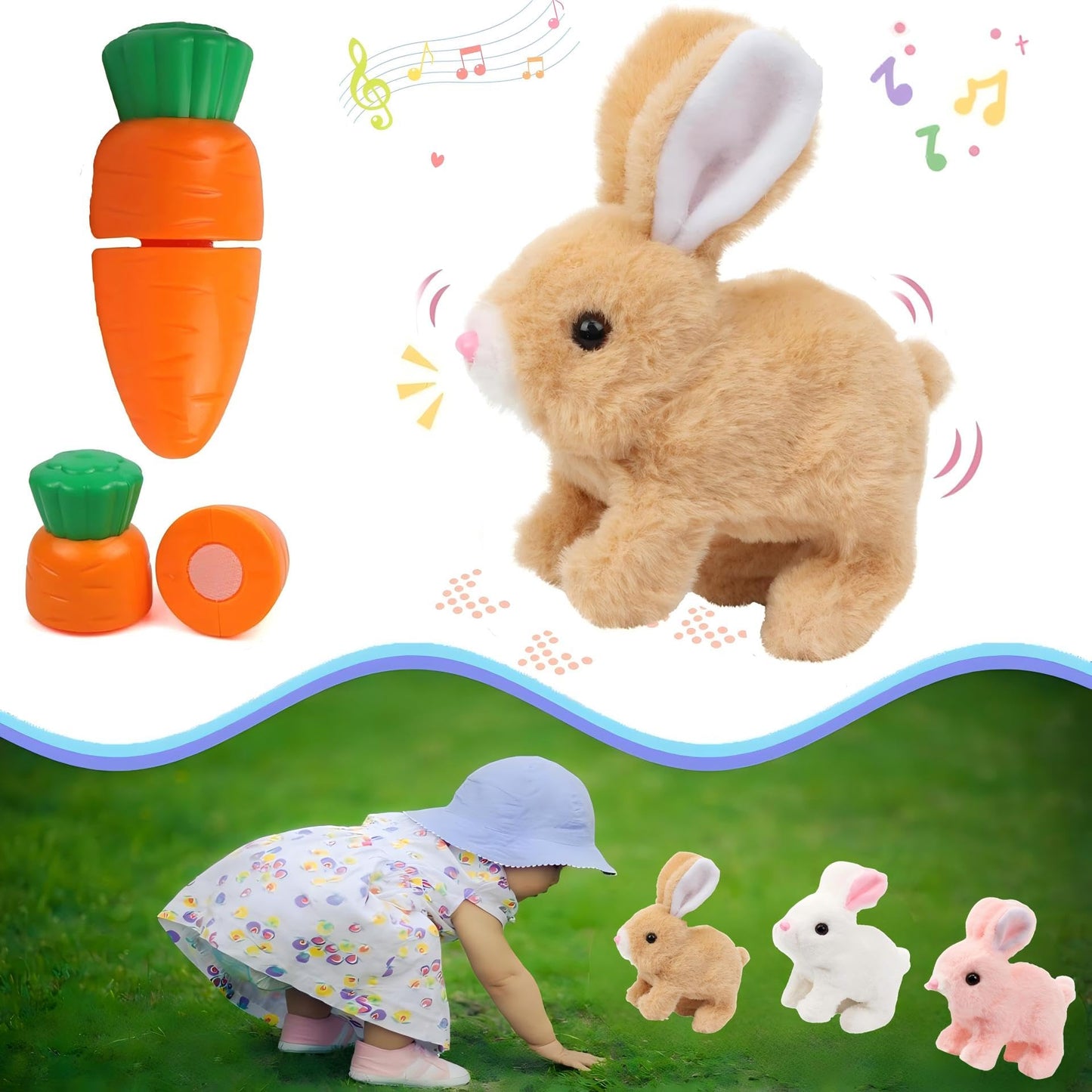 UVAAKZ Bunny Stuffed Animal Plush, Interactive Electronic Pet Hopping Bunny Toy, Realistic Stuffed Bunny Rabbit for Kids (#Brown)