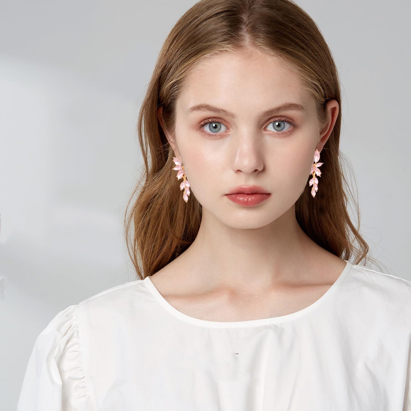 ATIMIGO Elegant Light Pink Rhinestone Dangle Earrings Cluster Crystal Wedding Bridal Earrings for Brides Bridemaids Formal Prom Statement Drop Earrings for Women