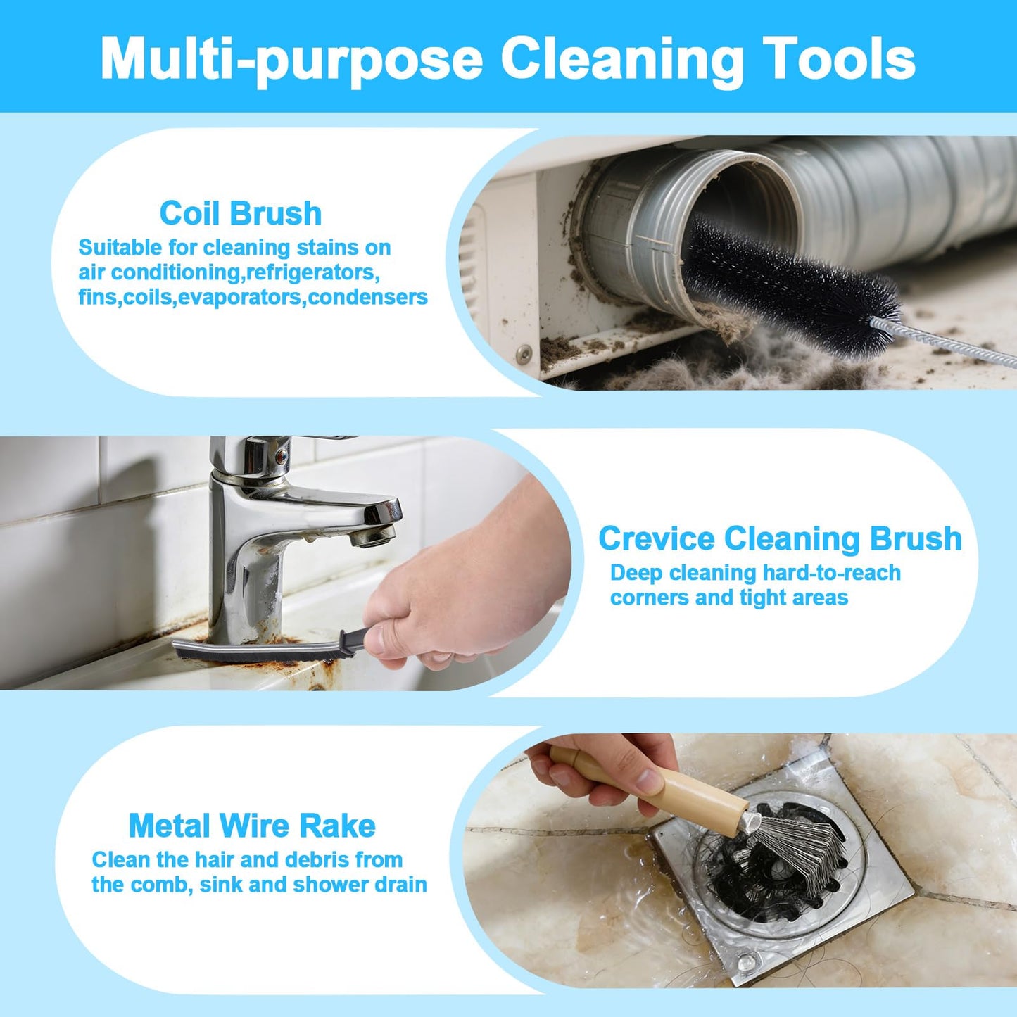 XANGNIER Refrigerator Coil Cleaning Brush Kit,5 Pack Fridge Coil Cleaner Tools Accessories,Sewer Drain Cleaner Brush for Toilet,Sink, Dryer Vent,Pipe,Shower,Appliance,Long Flexible Drain Brush