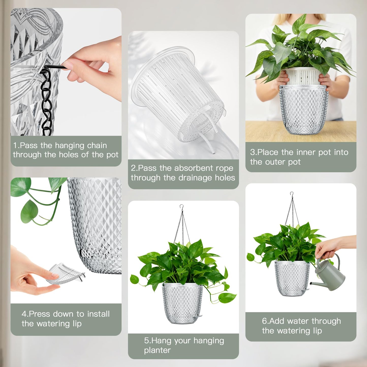 QCQHDU Hanging Planters for Indoor Plants, 2-Pack 7.2 Inch Self Watering Hanging Pots, Plastic Plant Hanger with Drainage Holes and 3 Hooks Chains for Garden Home (Clear)