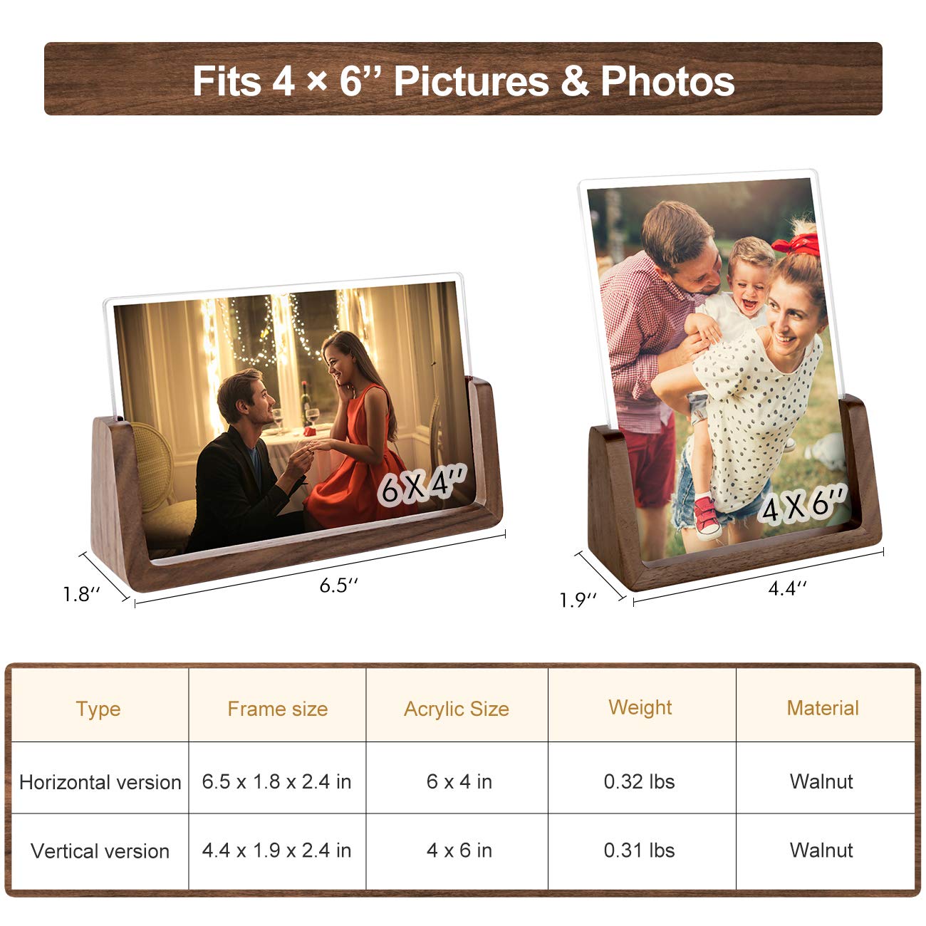 Mixoo 4x6 Picture Frame 2 Pack - Rustic Wooden Picture Frames with Walnut Wood Base and High Definition Break Free Acrylic Photo Covers for Tabletop or Desktop Display (Horizontal + Vertical)