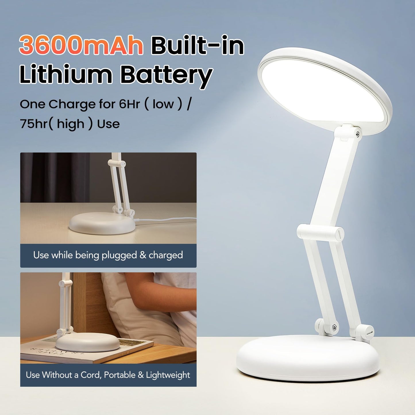 One Fire Cordless Desk Lamp,Dimmable Small Battery Powered Lights,3600mAh Rechargeable Wireless Table Lamp,Mini Lamp&Portable Light for Bed,Book Reading,Home for Small Spaces,Nail Light,Craft,Office