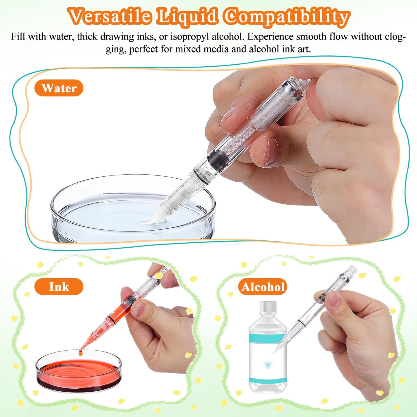 NUOBESTY 5Pcs Water Brush Pen Set – Refillable Fountain Brush Pens for Watercolor, Calligraphy, Painting, Drawing, Scrapbooking & Sketching