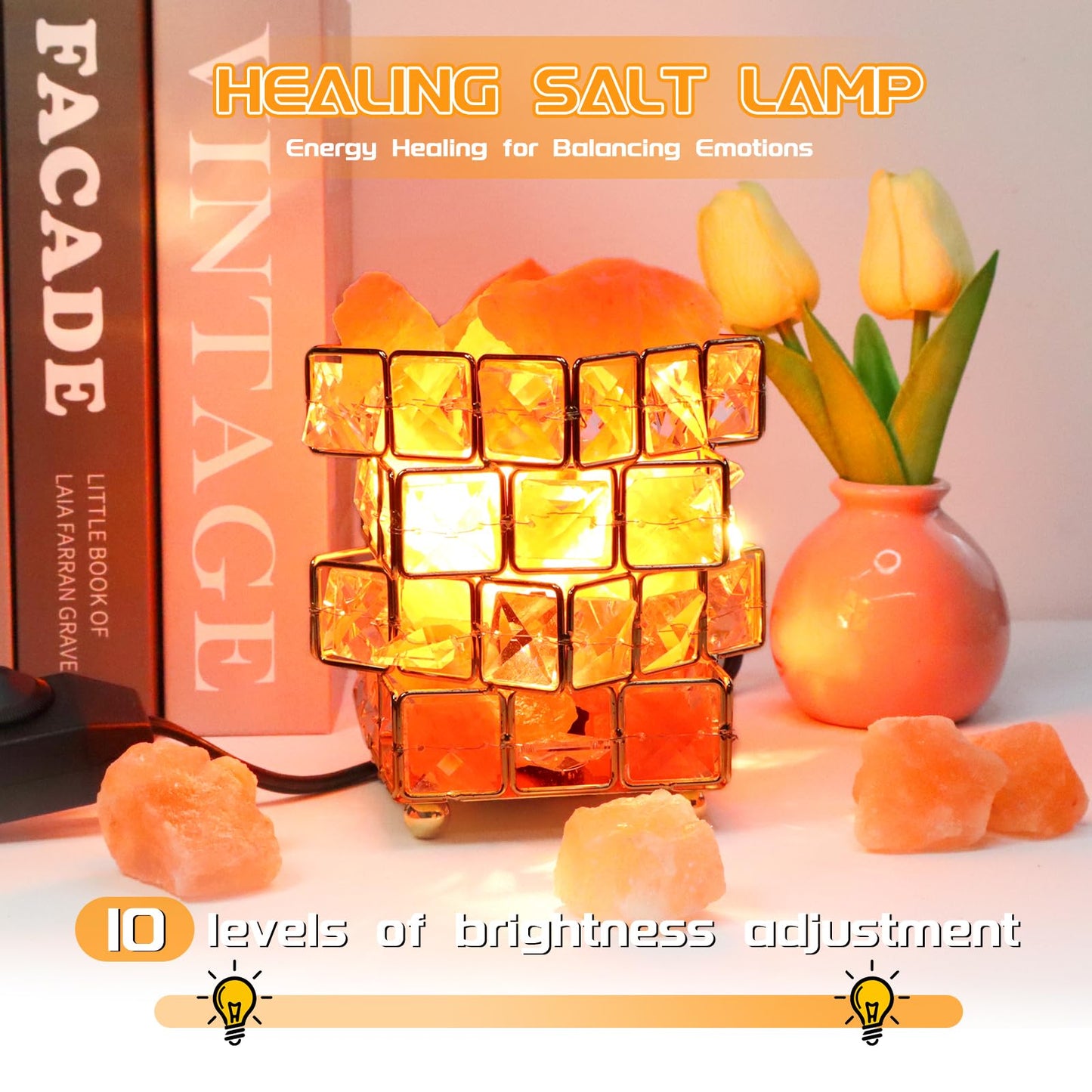 Natural Himalayan Pink Salt Lamp, Dimmable Single Lighting, Plug-in Powered, Crystal Salt Rock Lamp,Glow Night Light for Bedroom Office, UL & ETL Certified Cord (Crystal Cylinder)