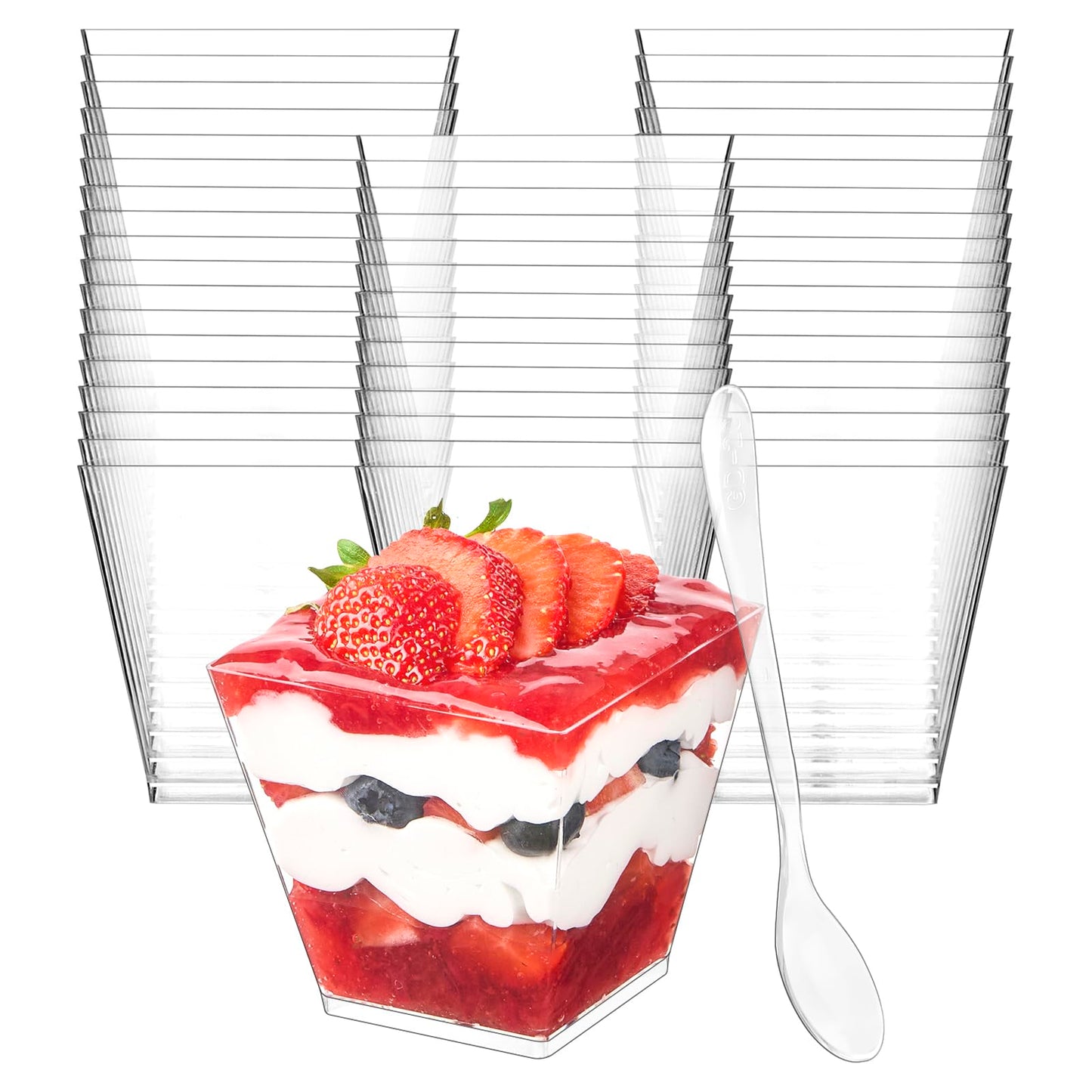 Zezzxu 7 oz Square Mini Dessert Cups with Spoons - 50 Pack Plastic Pudding & Parfait Cups Party Dessert Shooters for Serving Trifle Mousse Cake Appetizers