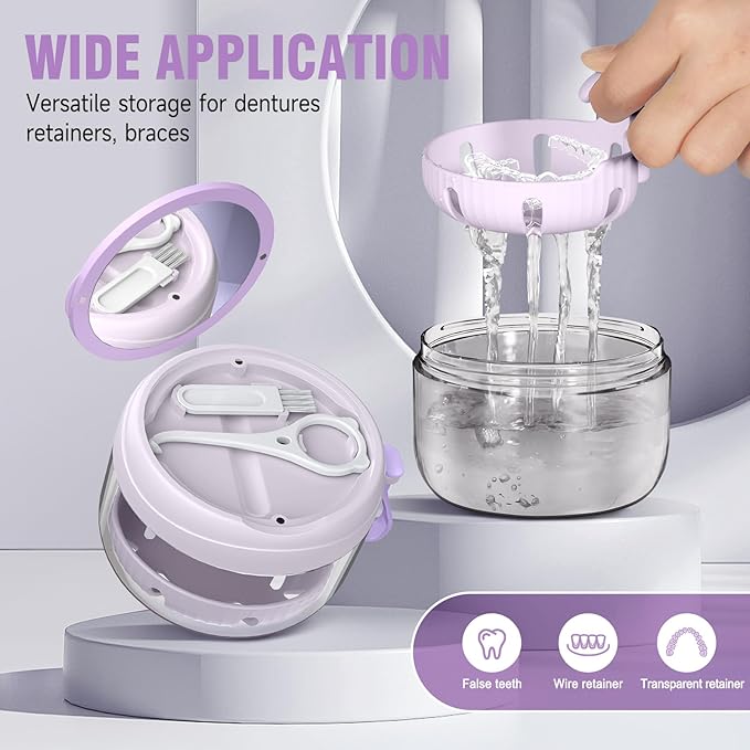 Denture Bath Box Cup, Leak Proof Denture Cup Kit Portable Retainer Case for Travel, Denture Case Cleaning Care for Dentures Aligner Mouth Guard with Denture Brush,Strainer, Removal Tool and Mirror