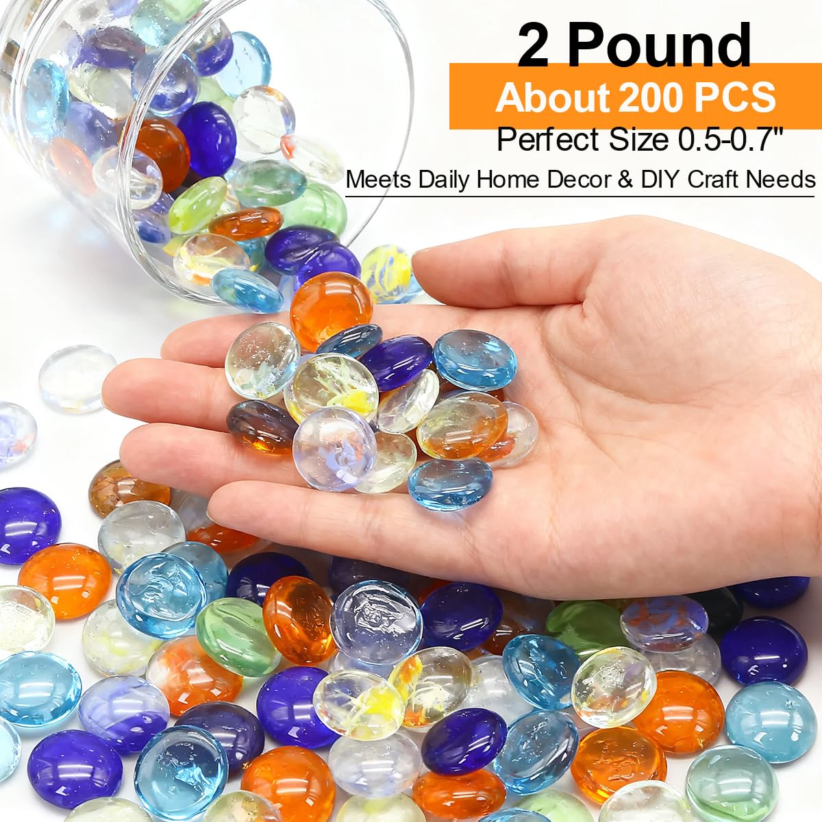 Beads Decorative Glass Pebbles,Mixed Colour Glass Stones Flat Bottom Marble Beads for Aquarium Fish Tank Planter Crafts Home Decorative Art Craft Vase Filler (Mixed, 2 Pounds)