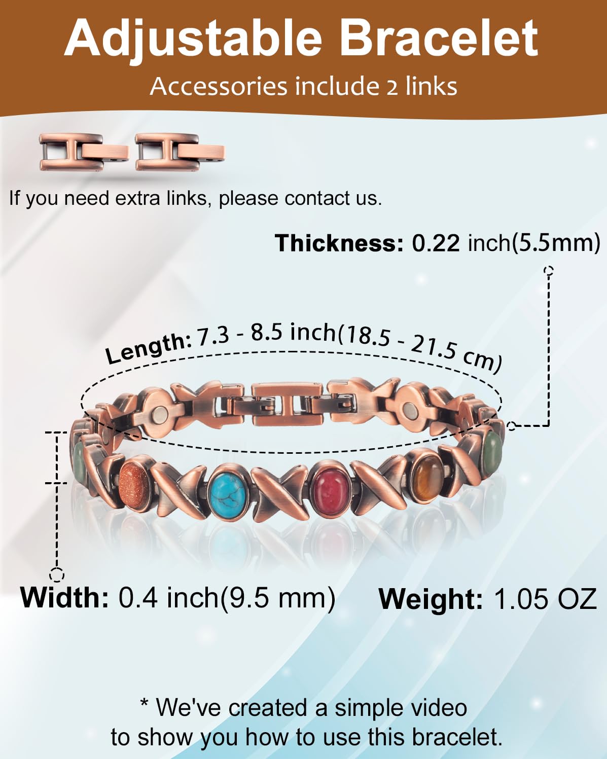 EnerCoppeX Copper Magnetic Bracelet for Women - Turquoize Detox Jewelry with 3500 Gauss Magnet (M)
