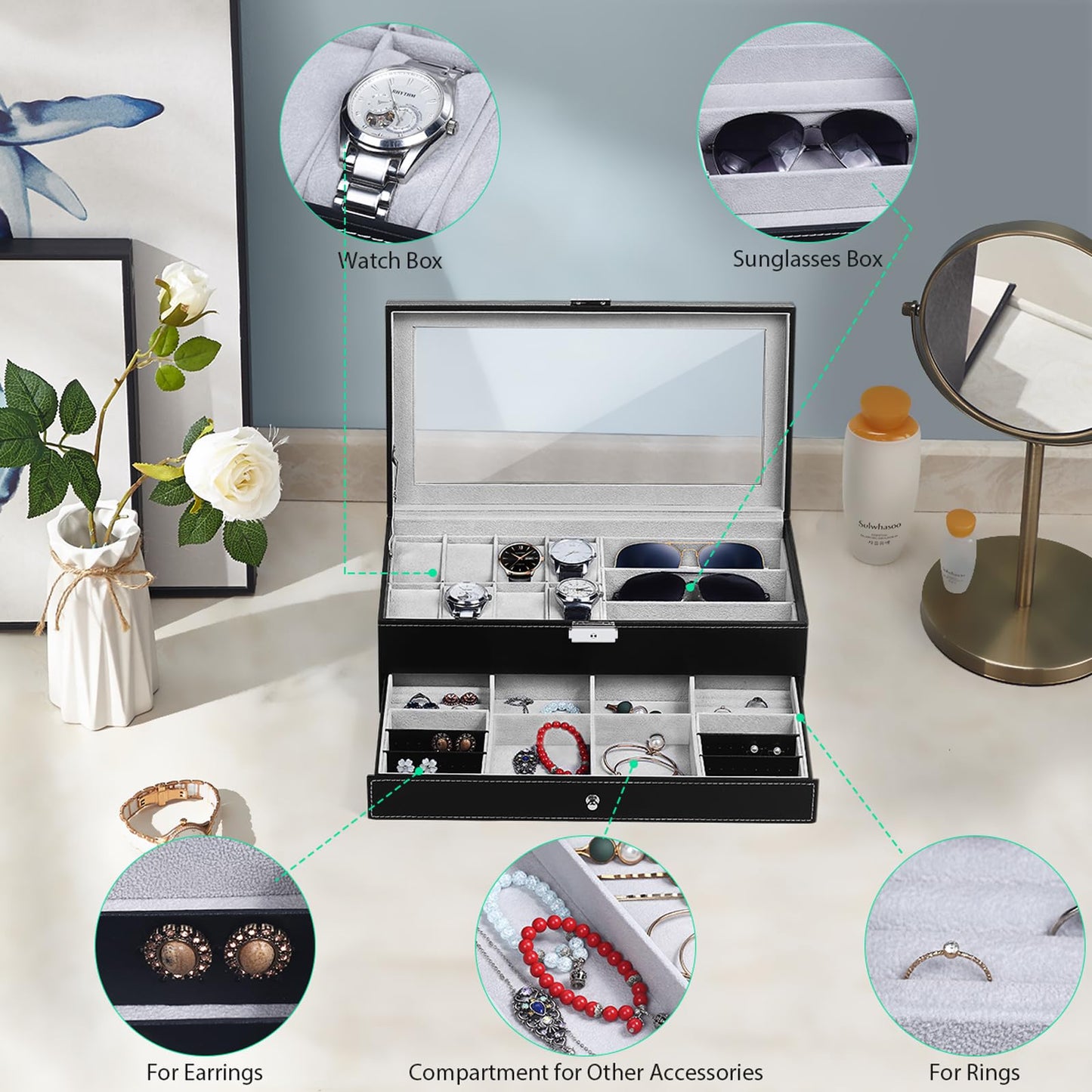 TomCare Watch Box Watch Case Jewelry Organizer Holder Jewelry Display Box Case Sunglasses Storage Organizer Lockable with Glass Top and PU Leather for Men Women, Black