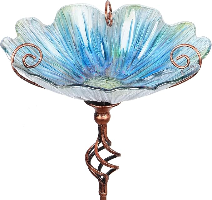 MUMTOP Glass Birdbath Birdfeeder with Metal Stake Garden Yard Outdoor Pink