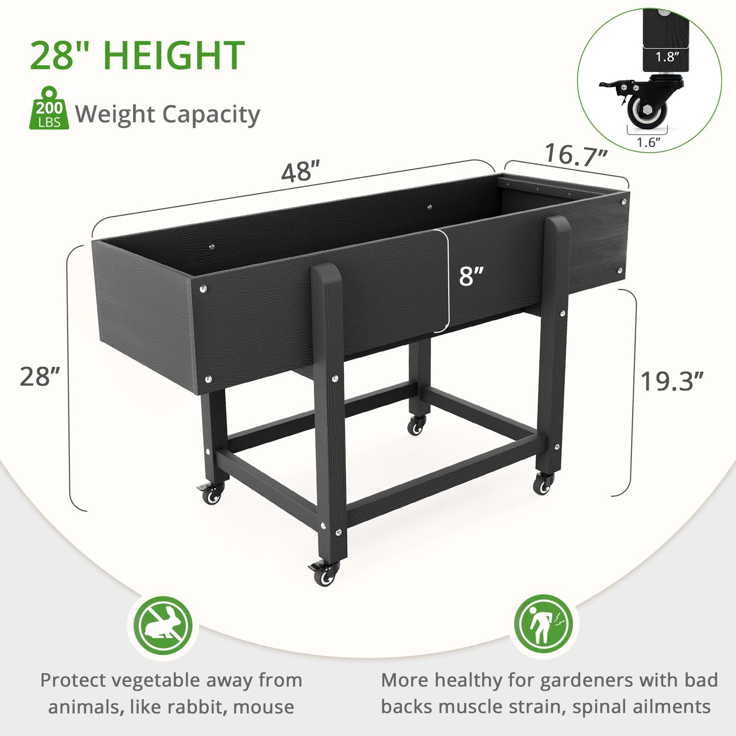LUE BONA Raised Garden Bed with Wheels, 48 * 16.7 * 28 in, Poly Elevated Outdoor Planter Box with Tools, Weather Resistant, Standing Growing Bed Herb Planter for Vegetable, Flowers, Fruits