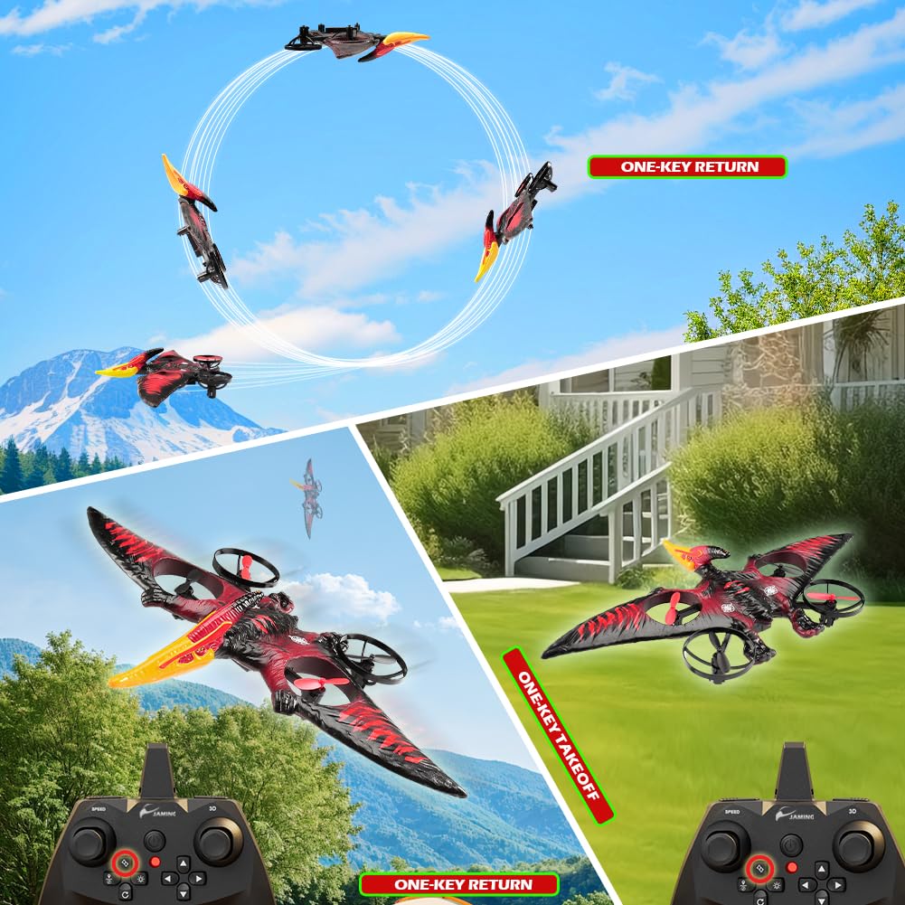 Dinosaur Remote Control Drone, 2.4G EPP Foam RC Pterodactyl Hobby RC Airplanes with 6-Axis Gyro, One Key Takeoff Landing, Stunt Roll & 360 Flip, Fighter Jet Toy Christmas Birthday Gift for Boys Girls