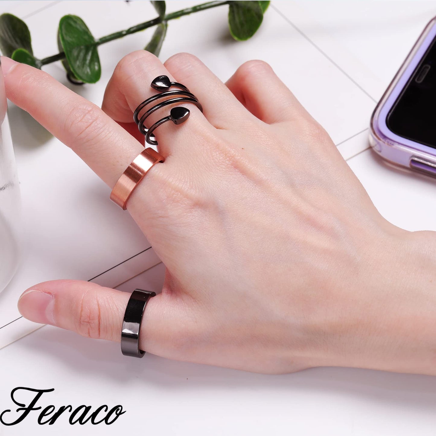 Feraco 2PCS Copper Rings for Women,Magnetic Thumb Ring with Magnets,Lymphatic Jewelry Gifts for Womens