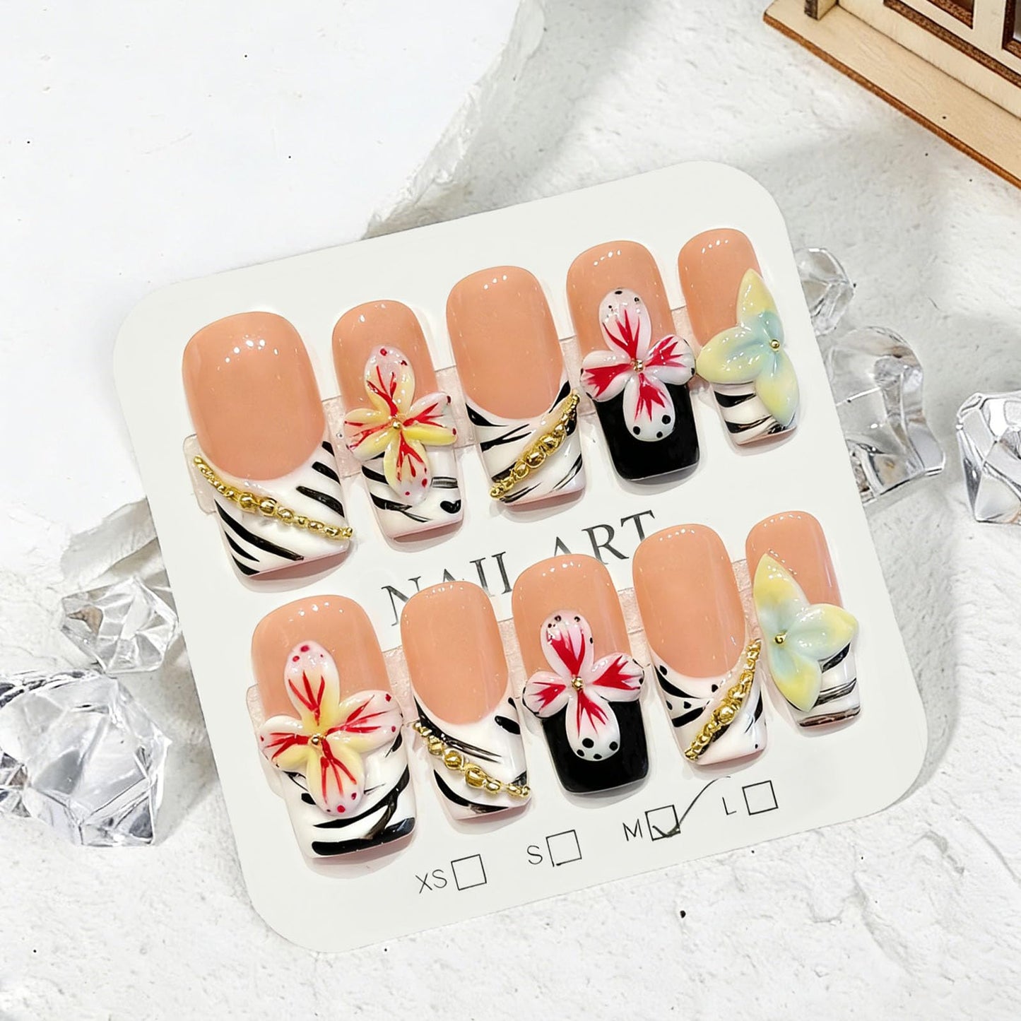 10 Pcs Handmade Press on Nails Medium Square Fake Nails with 3D Flower Design Tiger Stripe French Tip False Nails M Size Press Ons Nails Square for Women Summer Acrylic Manicure