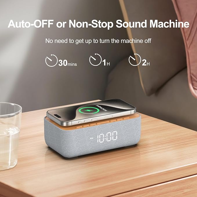 REACHER 15W Magnetic Wireless Charging Alarm Clock with White Noise Machine