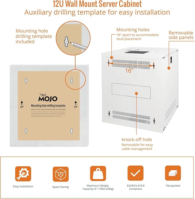 Tecmojo 12U Wall Mount Rack Network Cabinet for 19" IT Equipment,with Lockable Glass Door and Side Panels,Cooling Fan,17.7inch Depth,White
