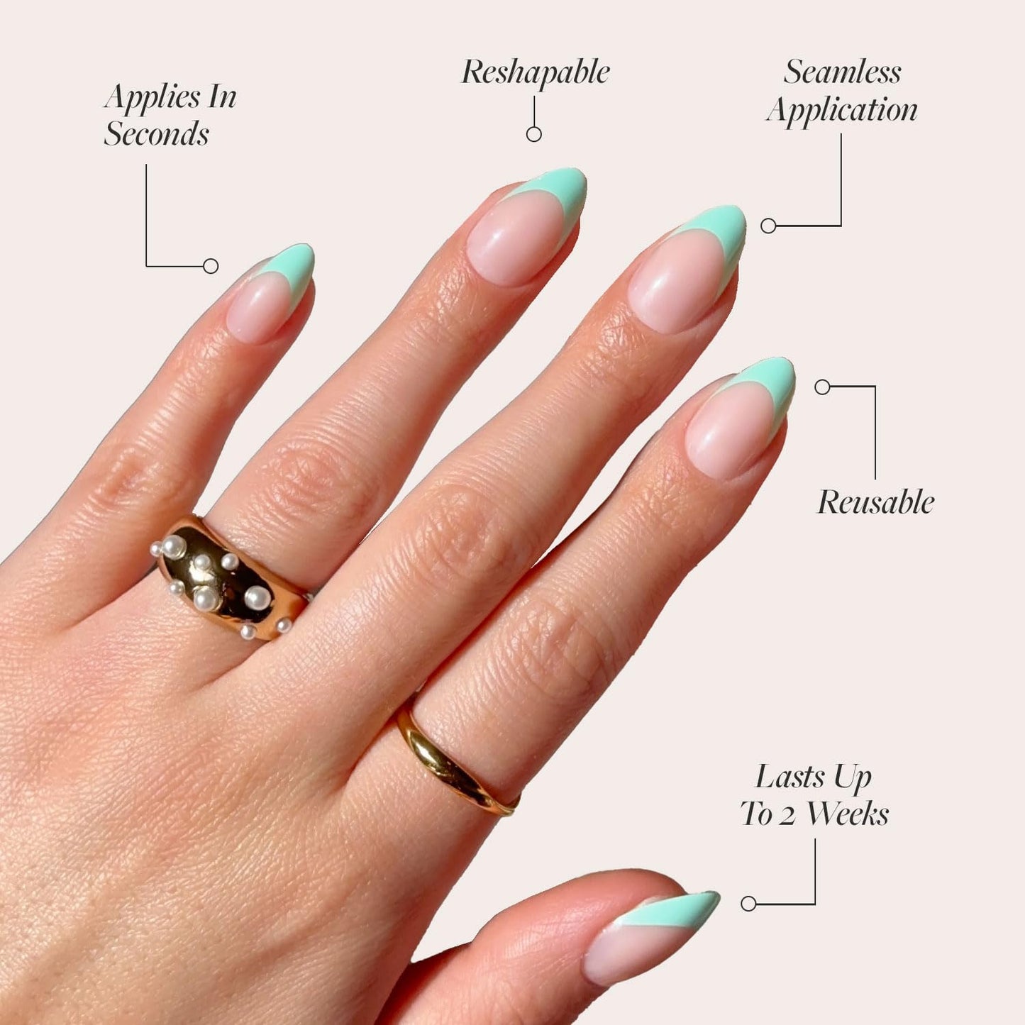 Glamnetic Press-On Nails Bundle - Pistachio Crème & Fairy Dust | Short Almond Mint Blue French Tips with a Glossy Finish | Short Oval Beige-Pink False Nails with a Metallic Finish | Reusable, Salon-Qu