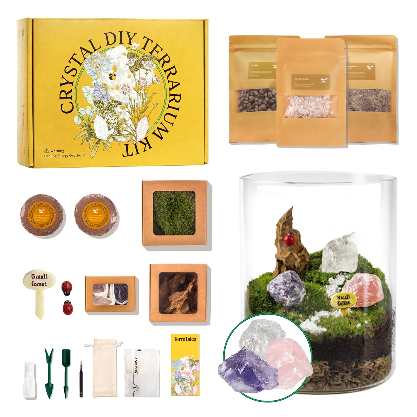 DIY Crystal Terrarium Kit - 21-Pieces All-in-One Starter Kit with Preserved Moss, Pumice, Crystals, Coconut Coir, Tools & Decor | Healing Gift for Relaxing | Plants Lovers | Home & Desk Decor