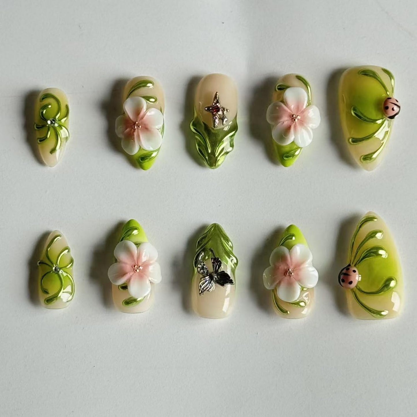 10pcs Green Press on Nail Almonds Shape Fake Nails 3D False Nails with Flower Beetle Butterfly design Handmade Glue on Nails Reusable Acrylic Stick on Nail for Women Summer Manicure Decor （m size）