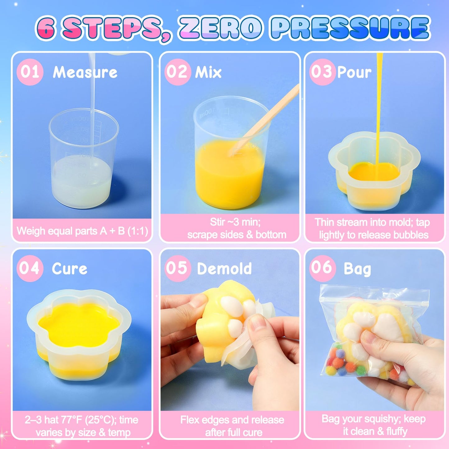 Taba Squishy Maker Kit – DIY Squishy Craft Kit, Silicone Mold Making Set with 18oz AB Silicone Gel, Giant Chick/Paw/Hamster/Cat Molds, Flocking Powder – Stress Relief Craft Gift for Adult