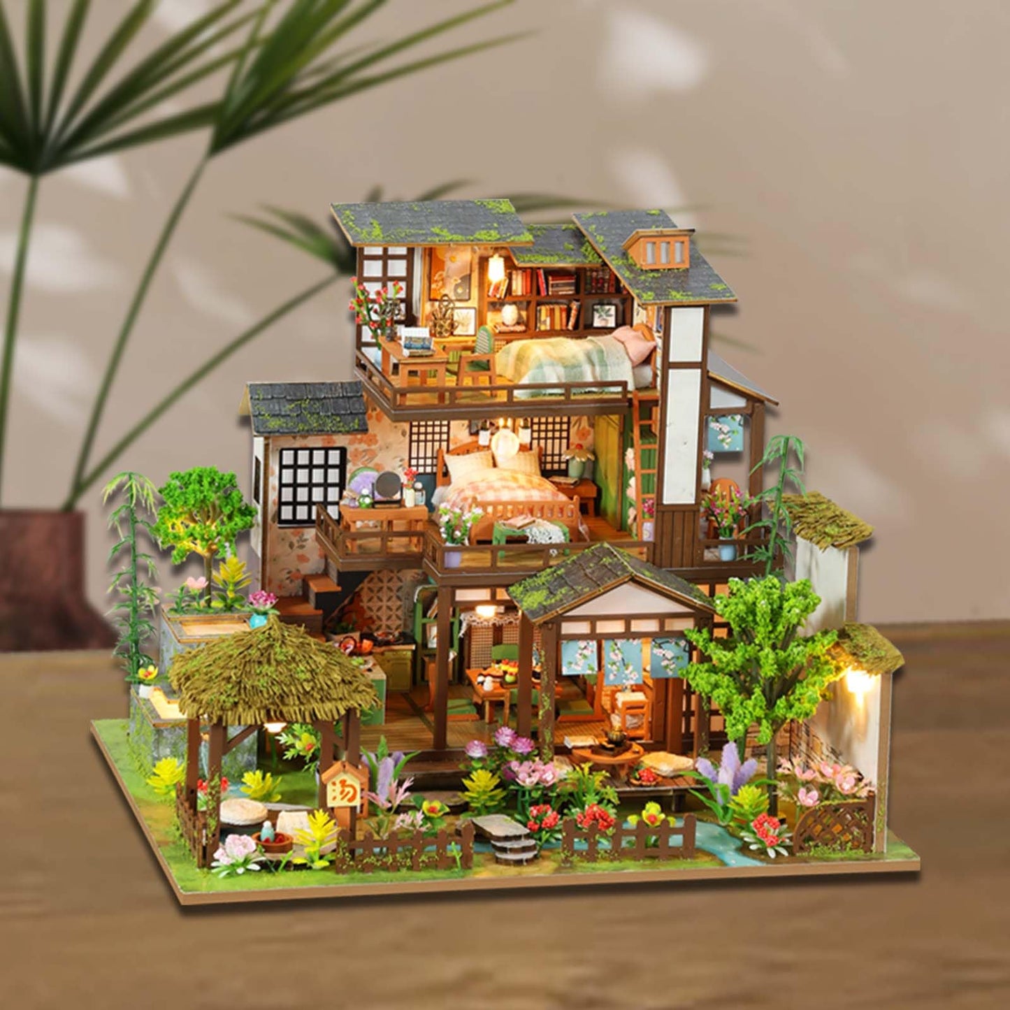 Foyucool Miniature House Kit, Tiny House Kit with Light, DIY Mini House Building Kits for Adults to Building, Unique Gift for Birthday Mother's Day, Bamboo Spring Courtyard