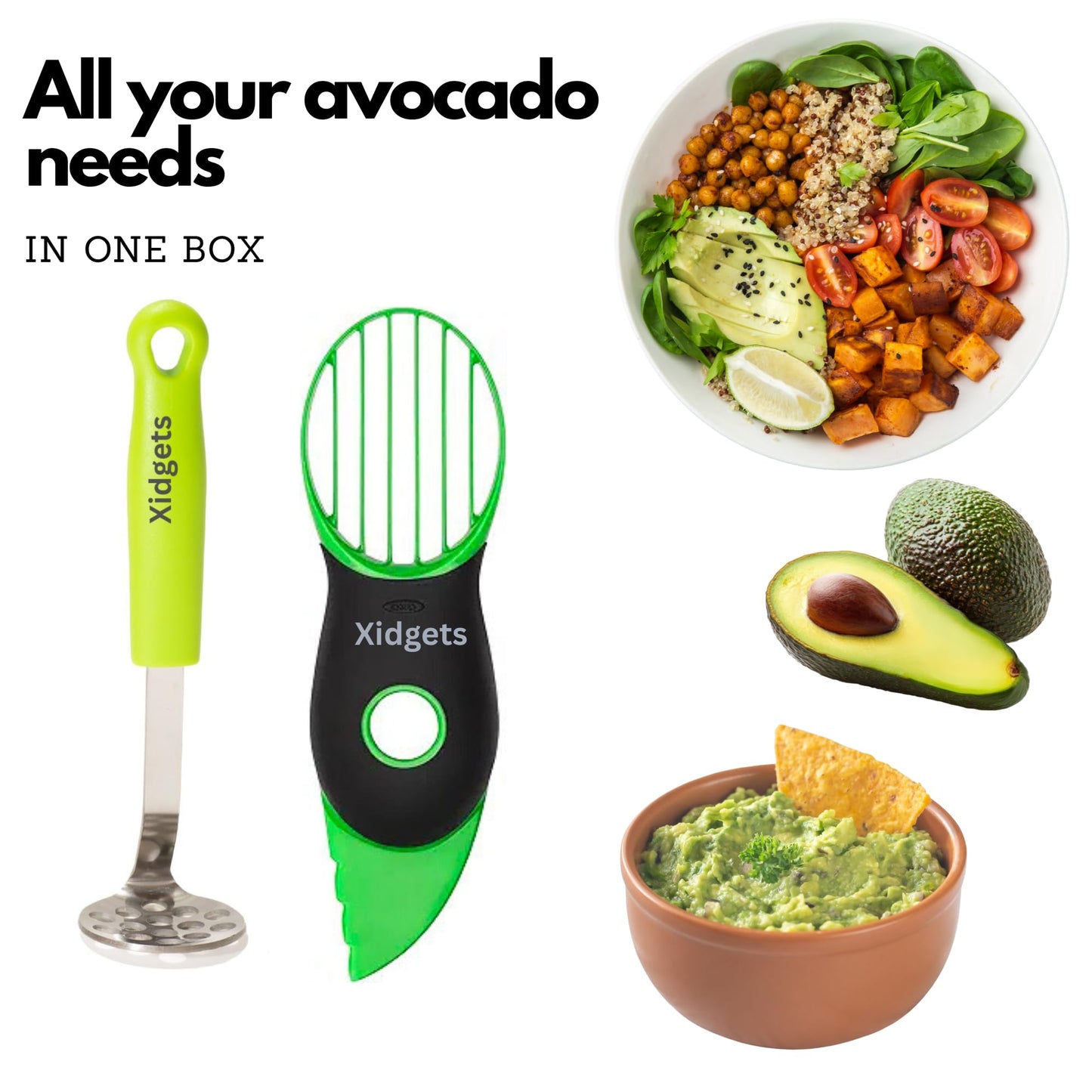 2pc Avocado Tool Set in Box - 3-in-1 Avocado Slicer with Cutter & Pit Remover + Mini Masher - Kitchen Utensil Gift Set for Guacamole Lovers by Xidgets (Zippy Green/Zippy Green)