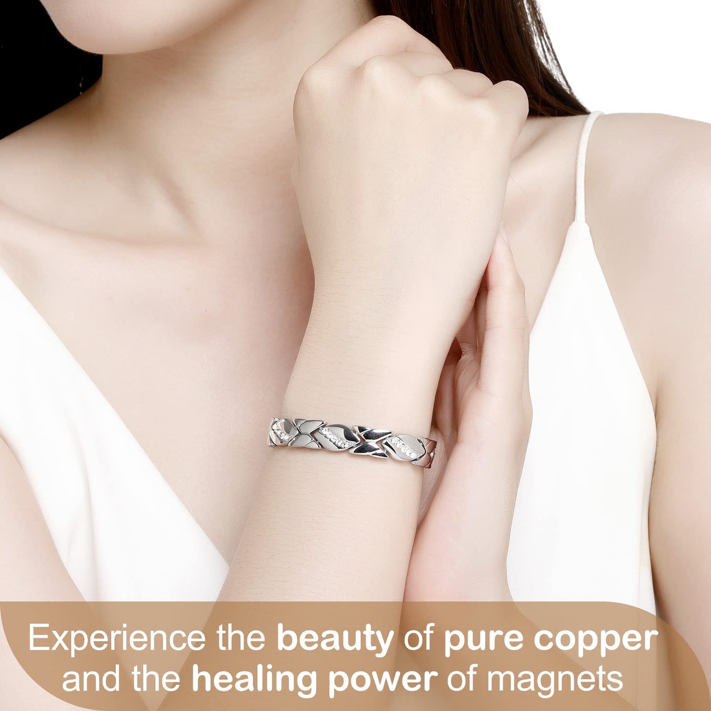 Feraco Copper Bracelet for Women 99.99% Solid Copper Magnetic Bracelets, Unique X Shape Links, Magnetic Field Therapy Jewelry Gifts (Silver X with Ring)