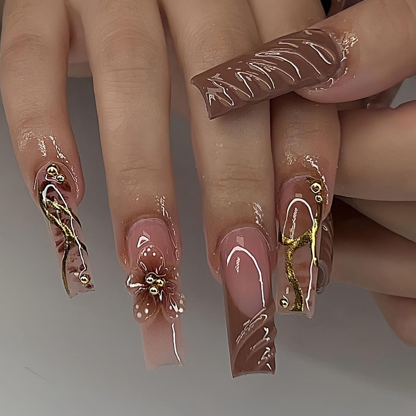 FIEONCIY Press on Nails Coffin Long Length Acrylic Glossy Full Cover Square Shaped French False Nails with Designs Artificial Extra Long Fake Nails with Charms Glue ons Fingernails for Women(DD1)