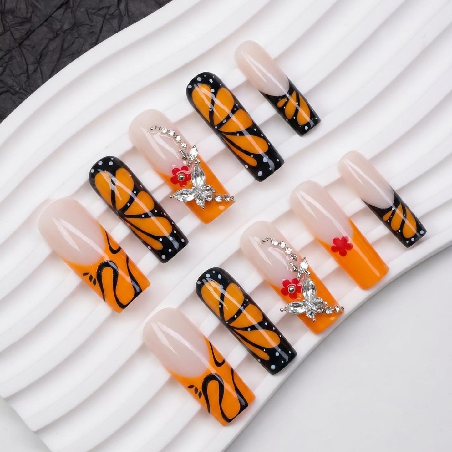 IMSOHOT Long Square Press on Nails, Long Fake Nails, Orange Monarch Butterfly Rhinestone Design, 24 Pcs Reusable Glue on Nails for Women, Salon Quality