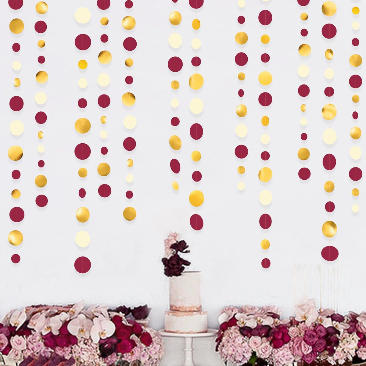 46 Ft Maroon Gold Party Decorations Burgundy Gold Beige Polka Dot Garland Hanging Paper Circle Dots Streamer for Maroon Garnet Graduation Birthday Anniversary Wedding Bridal Shower Party Supplies