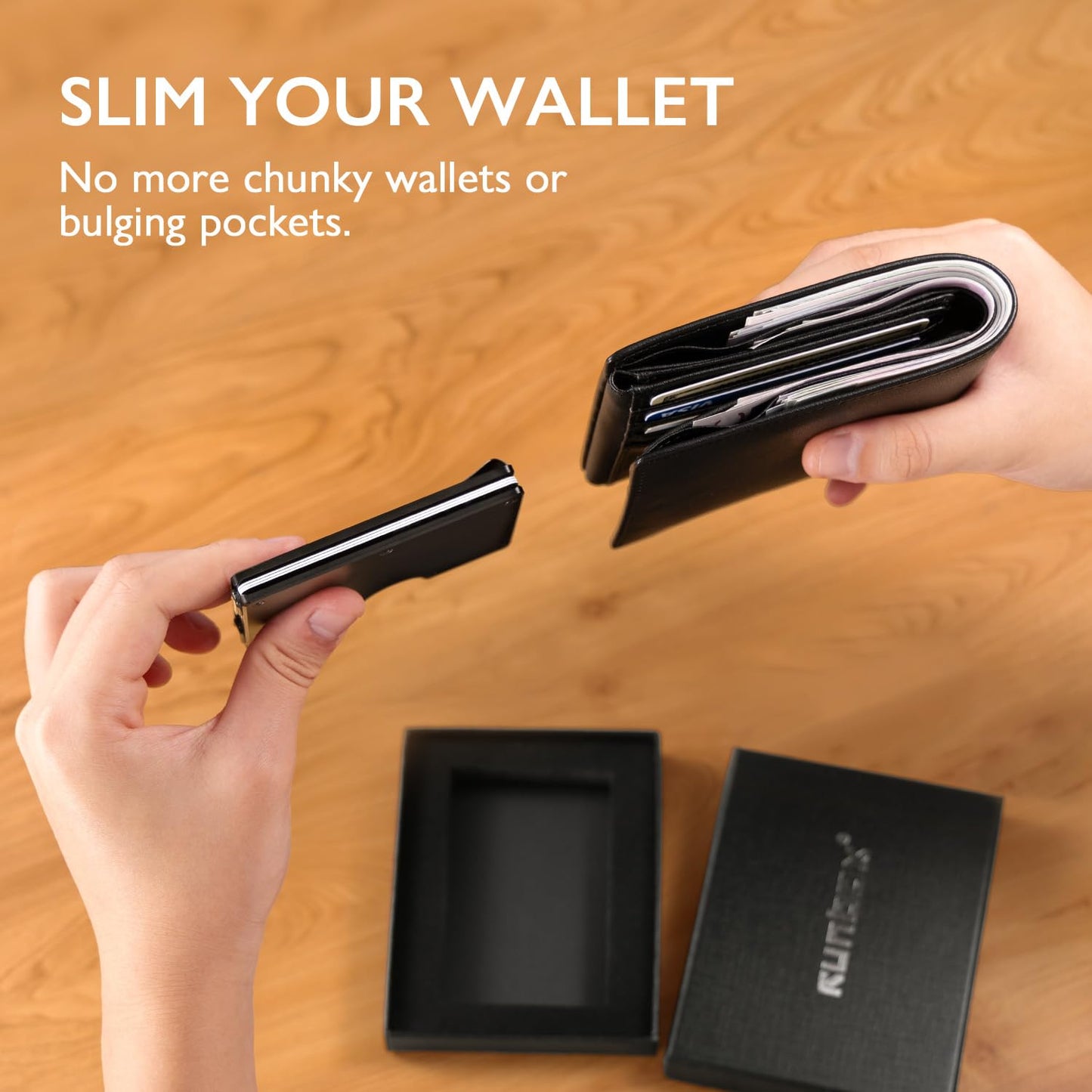 RUNBOX Slim Wallet for Men - RFID Blocking Metal Card Holder with Money Clip,Minimalist Thin Front Pocket Wallet, Holds 15 Cards,Gifts for Men,Men's Accessories