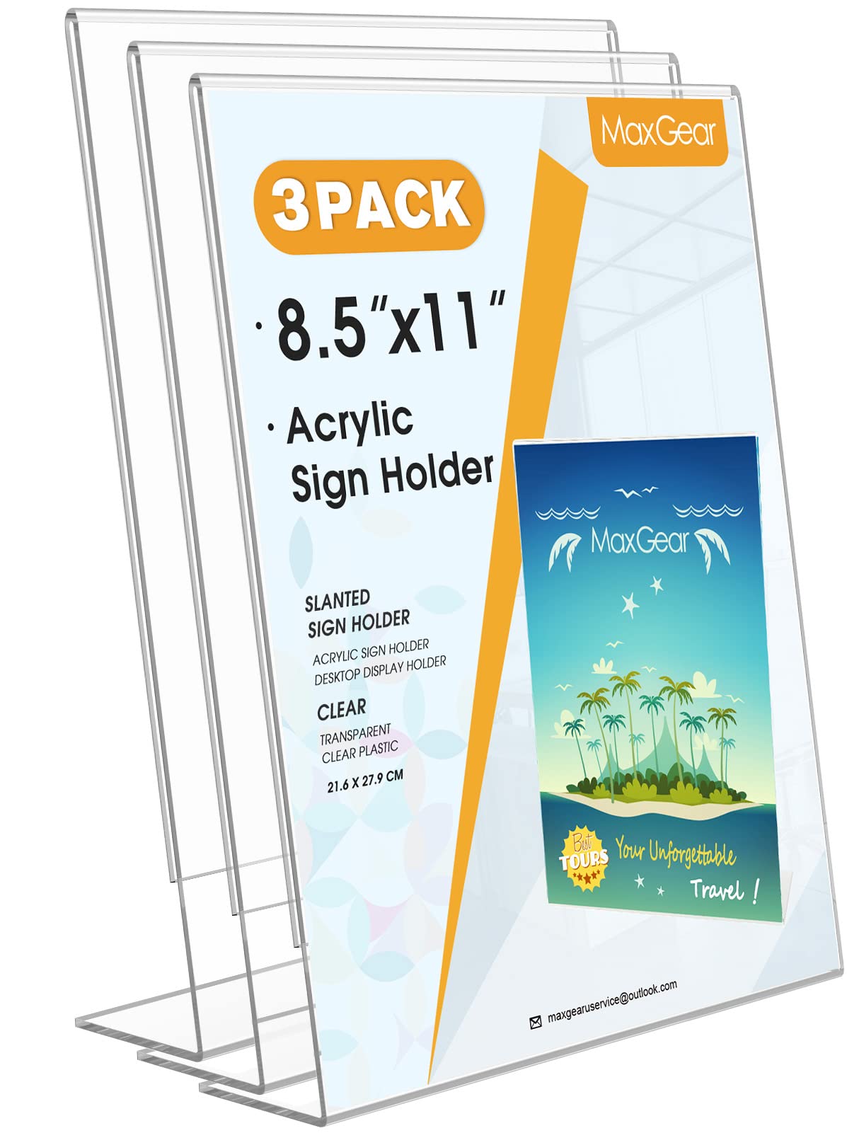 MaxGear Acrylic Sign Holder, Clear Sign Holders Plastic Display Stand 8.5 x 11 Inches Slant Back Countertop Display Picture Frames for Menus, Flyer, Use In Office, Store, 3 Pack