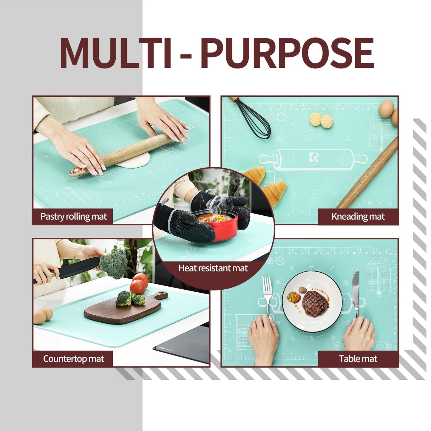 Silicone Baking Mat 20"L x 28"W, Extra Thick Dough Rolling Pad with Measurements and Edge Heightening, Non-stick Food Grade Silicone Pastry Mat for Pastry, Bread, Cookies