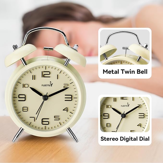 FLOITTUY (Loud Alarm for Deep Sleepers 4'' Twin Bell Alarm Clock, Stereo Digital Dial Alarm Clock with Backlight for Bedroom and Home Decoration(Cream Cheese)