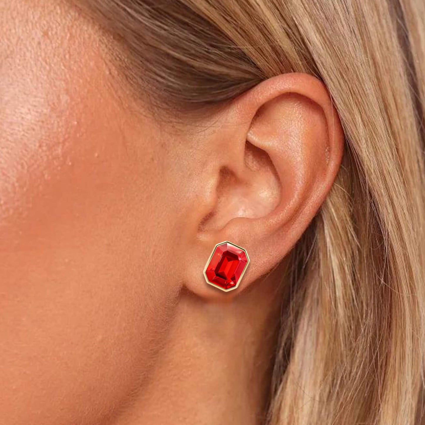 Austrian Crystal Octagon Stud Earrings for Women Fashion 925 Sterling Silver Post Hypoallergenic Jewelry (Red)