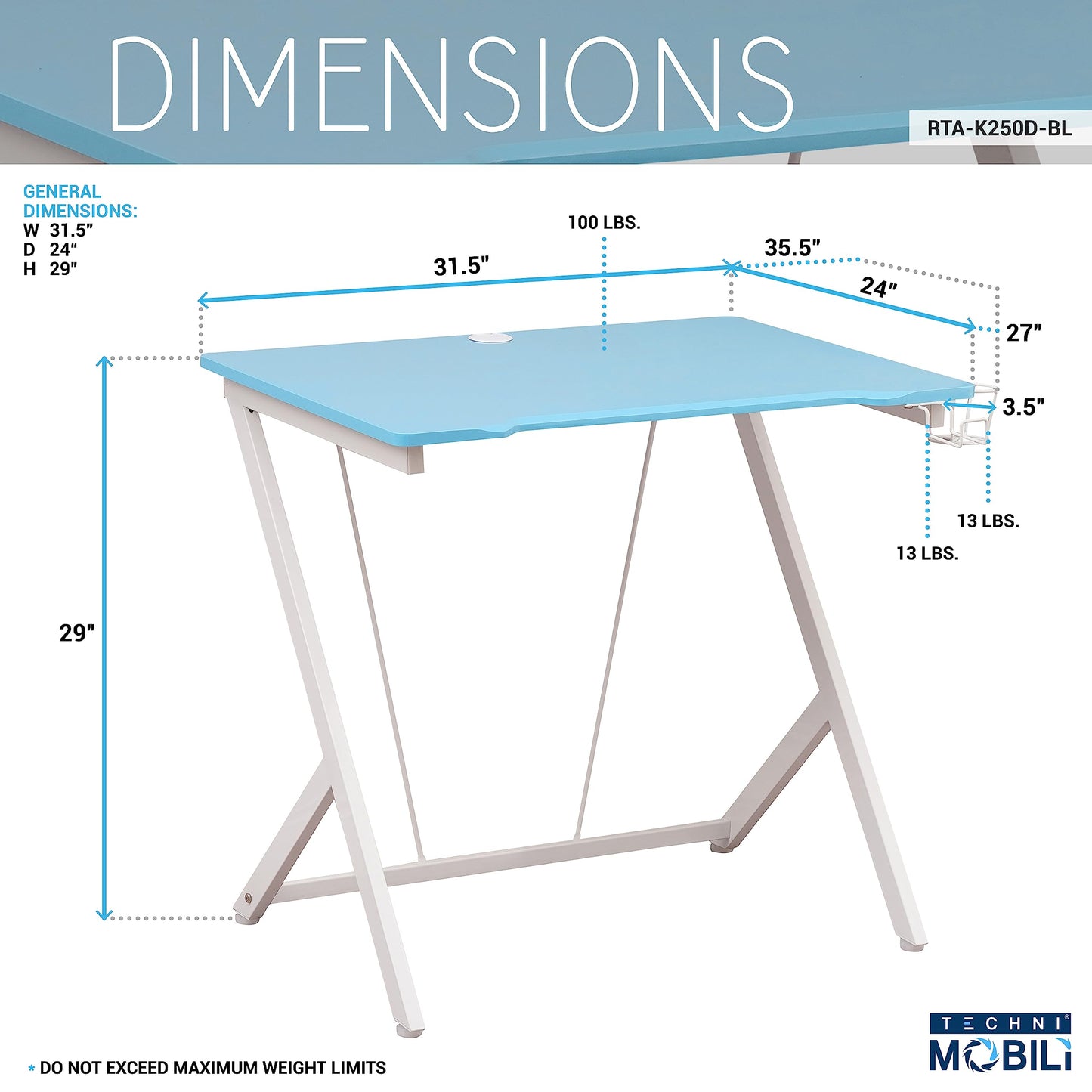 Techni Mobili Blue Gaming Desk - Small Gaming Desk with Cup & Headphone Holder - 31.5" Wide Blue Laminated Desktop Surface with Back Cable Management Opening - Student Desk for Bedroom
