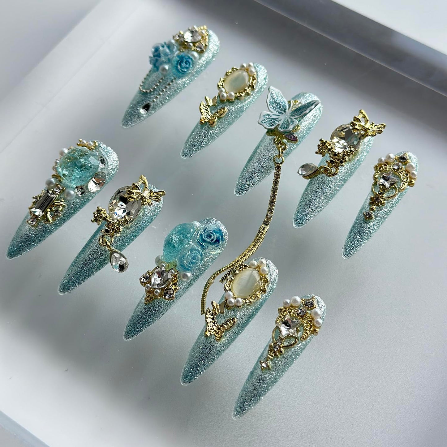 Luxury Press on Nails Long Almond Handmade 3D Unique Reusable ABS Material Fake Nails Light Blue Gothic False Nails with Designs Rhinestones Charms Glitter Glossy Glue on Thick Acrylic Nails(M)