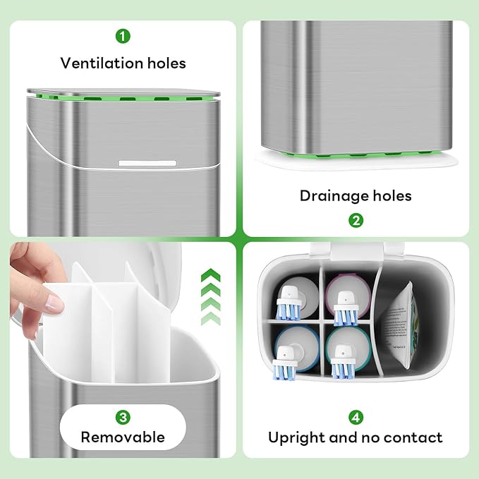 Toothbrush Holders with Cover - Electric Toothbrush Length Less Than 9 inches, 5 Slots Tooth Brush Holder for Bathroom, Detachable Toothpaste Holder Bathroom Organizers with Drainage, Silver