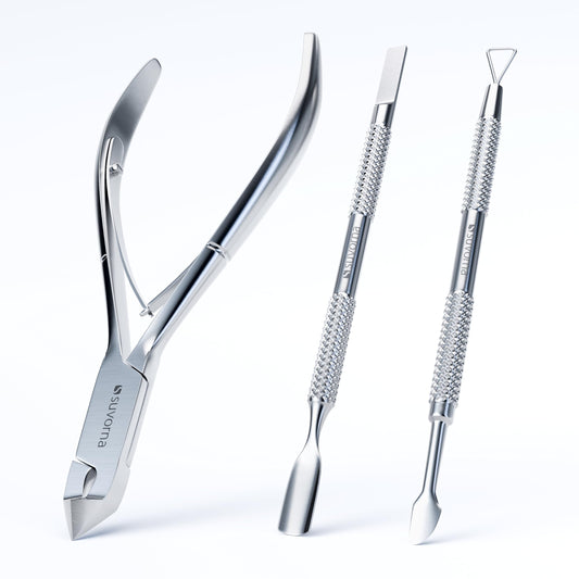 Suvorna Cuticle Nippers with Cuticle Pusher, Nail Scraper and Gel Remover – Professional Stainless Steel Cuticle Trimmer Set for Manicure - Cuticle Set for Fingernails and Dead Skin (Silver, 3 PCS)