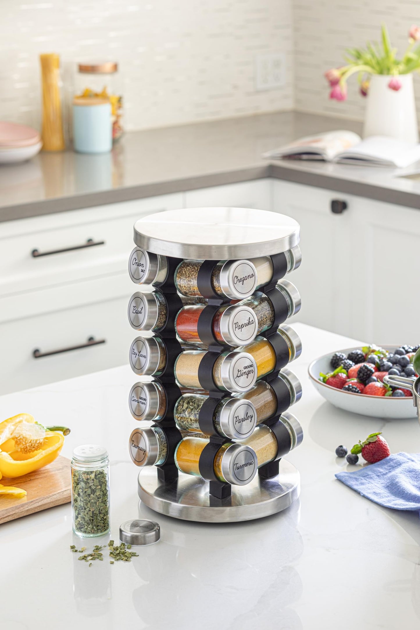 Orii 20 Jar Rotating Spice Rack with Spices Included & 5-Year Free Spice Refill Program – Stainless Steel Revolving Countertop Spice Rack with 3 oz Glass Jars