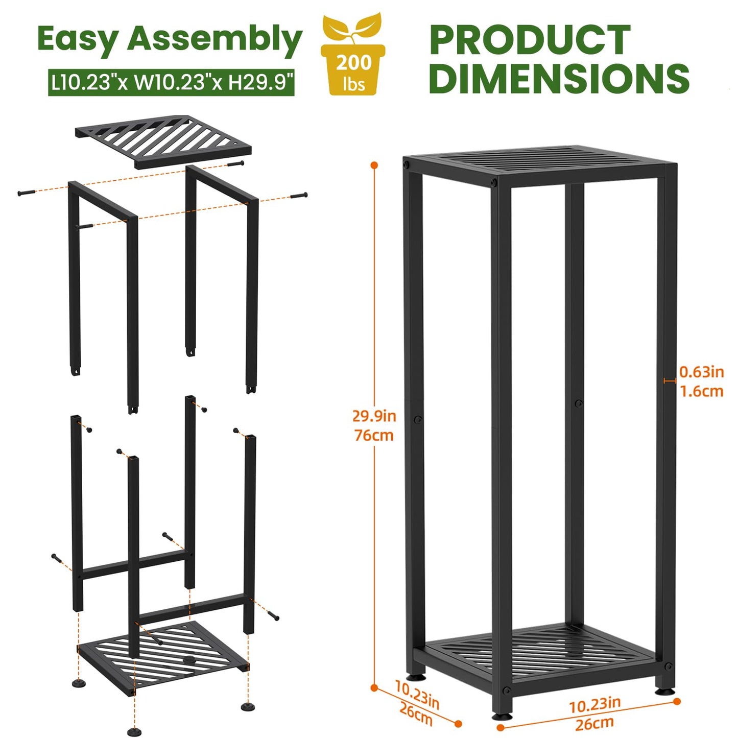TOSKING Tall Plant Stand Indoor – 2-Tier Modern Metal Shelf, 30" Height & 200 LBS Capacity, Heavy Duty for Living Room, Balcony, Garden (Black)