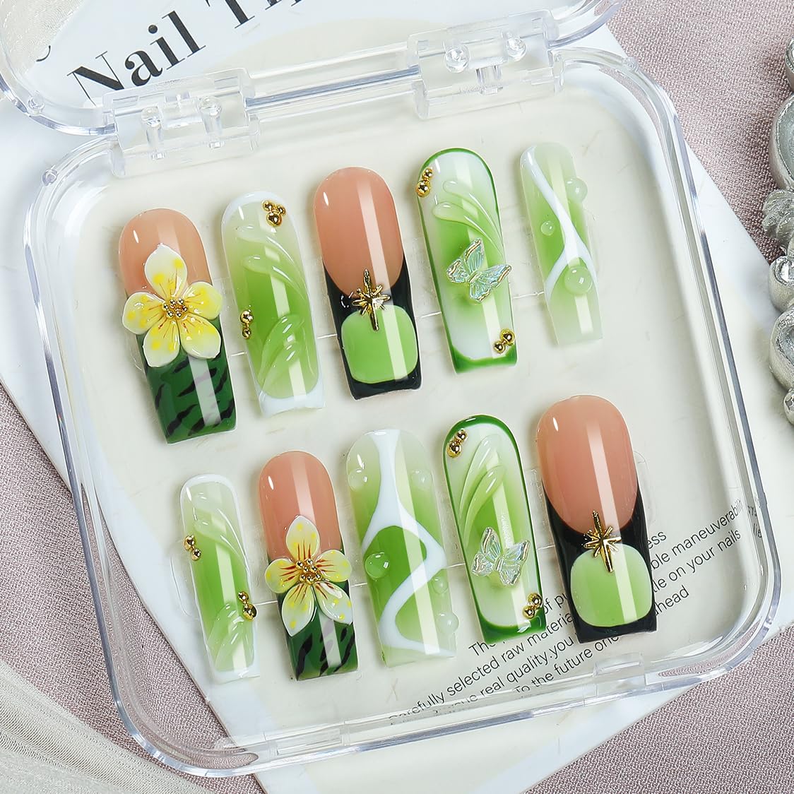 Green Jelly Acrylic Square Press-On Nails 10pcs, Handmade Gradient Glossy Tips with 3D Flower & Butterfly Art, And White Swirl Design Full Cover Nail Set – Appife