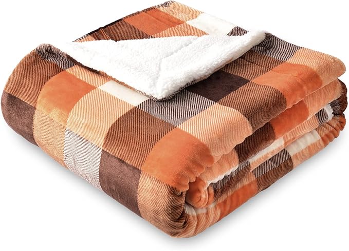 SOCHOW Buffalo Plaid Sherpa Fleece Throw Blanket, Double-Sided Checkered Super Soft Luxurious Bedding Blanket 50 x 60 inches, Orange
