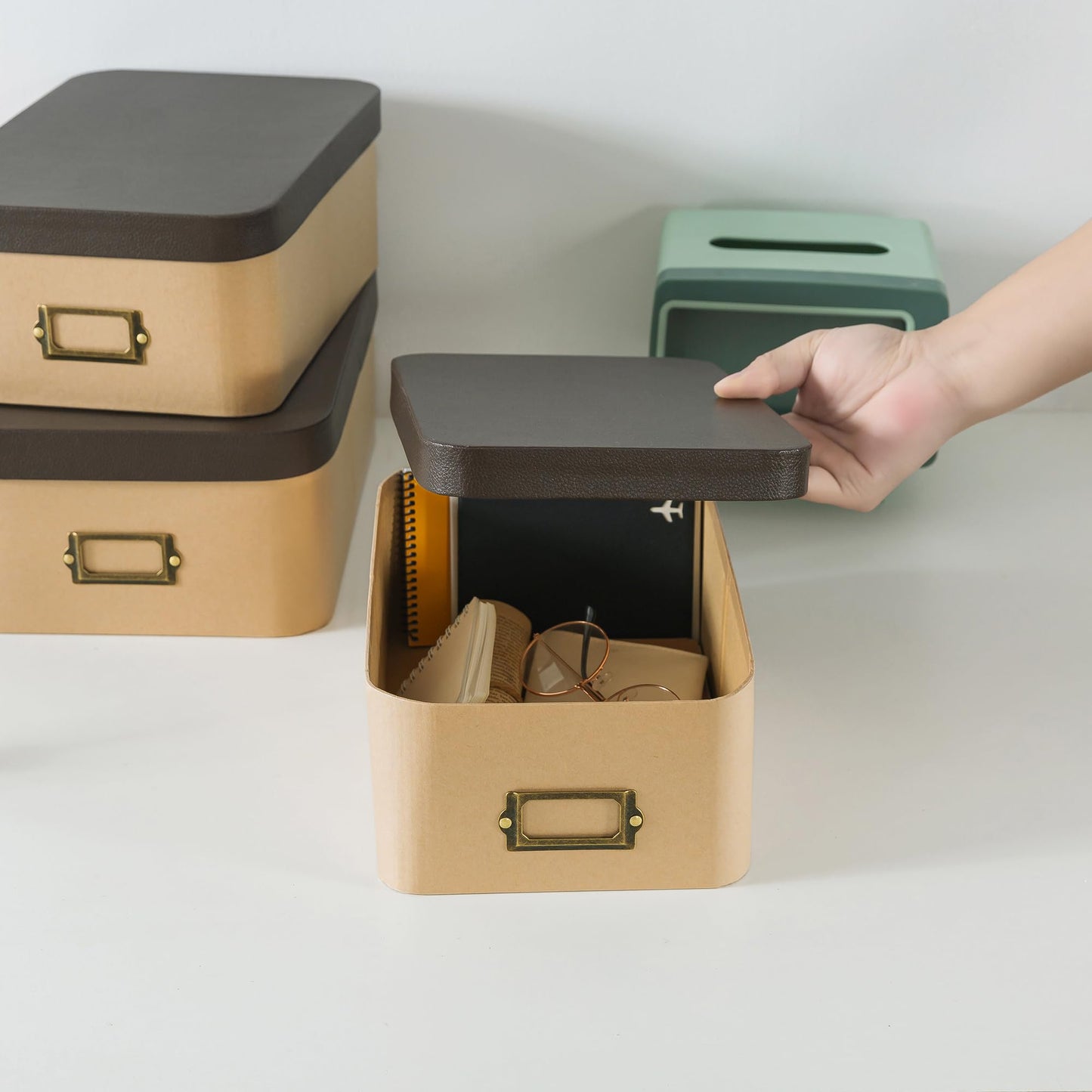 Soul & Lane Kraft Decorative Boxes with Buffalo Leather Lids - Set of 3, Cardboard Memory Boxes for Keepsakes with Bronze Label Holders, Perfect for Home and Office Decor and Organizing